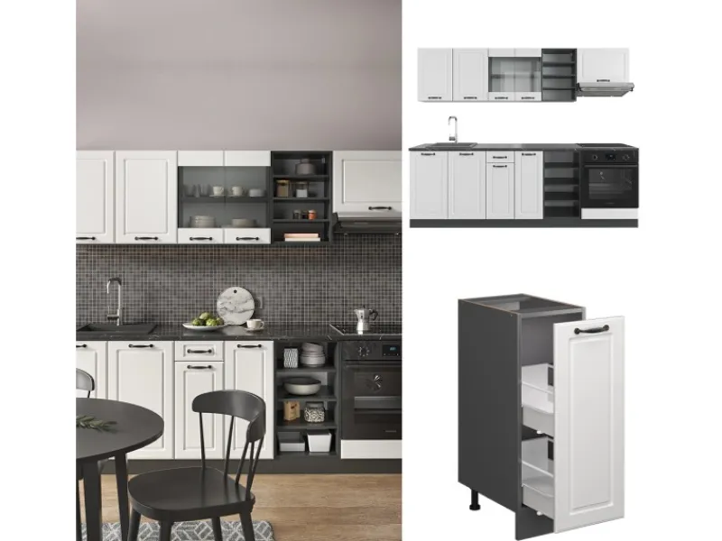 Einbauküchen<Vicco R-Line Küchenzeile Weiß Landhaus/Anthrazit 240 cm ohne Arbeitsplatte ohne E-Geräte