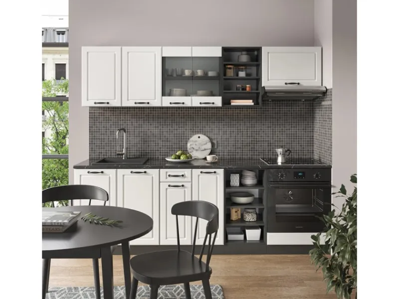 Einbauküchen<Vicco R-Line Küchenzeile Weiß Landhaus/Anthrazit 240 cm ohne Arbeitsplatte ohne E-Geräte