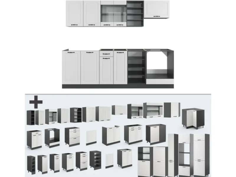 Einbauküchen<Vicco R-Line Küchenzeile Weiß Landhaus/Anthrazit 240 cm ohne Arbeitsplatte ohne E-Geräte