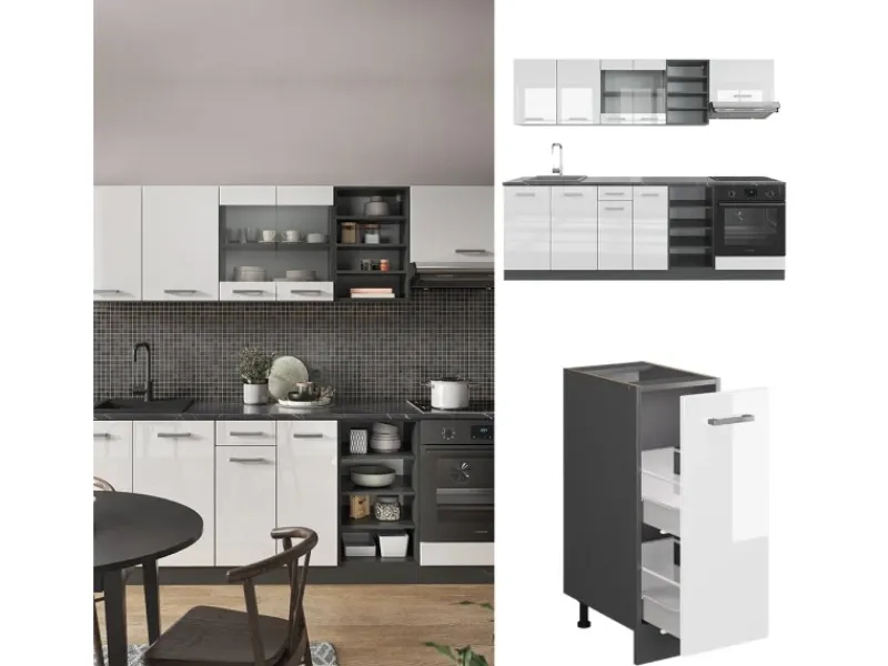Hot Vicco R-Line Küchenzeile /Anthrazit 240 cm ohne Arbeitsplatte ohne E-Geräte Weiß Hochglanz