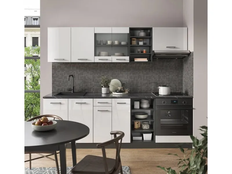 Hot Vicco R-Line Küchenzeile /Anthrazit 240 cm ohne Arbeitsplatte ohne E-Geräte Weiß Hochglanz