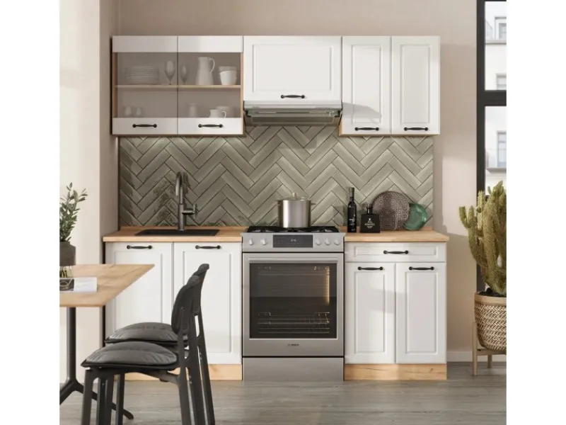 Einbauküchen<Vicco R-Line Küchenzeile Weiß Landhaus/Goldkraft Eiche 200 cm ohne Arbeitsplatte ohne E-Geräte