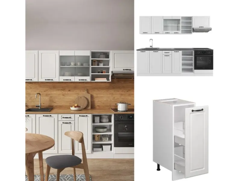 Einbauküchen<Vicco R-Line Küchenzeile Weiß Landhaus/Weiß 240 cm ohne Arbeitsplatte ohne E-Geräte