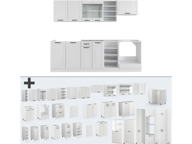 Einbauküchen<Vicco R-Line Küchenzeile Weiß Landhaus/Weiß 240 cm ohne Arbeitsplatte ohne E-Geräte