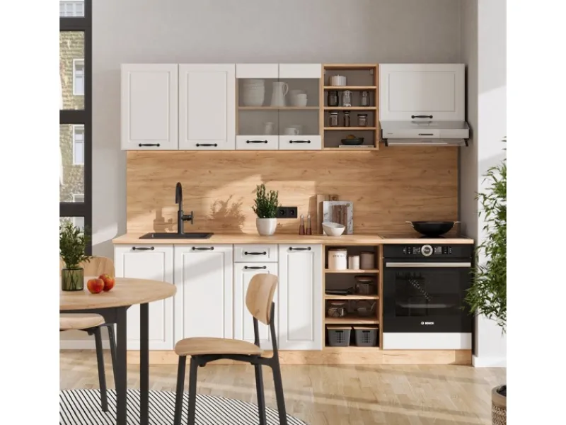 Vicco R-Line Küchenzeile Weiß Landhaus/Goldkraft Eiche 240 cm AP Anthrazit ohne E-Geräte< Einbauküchen