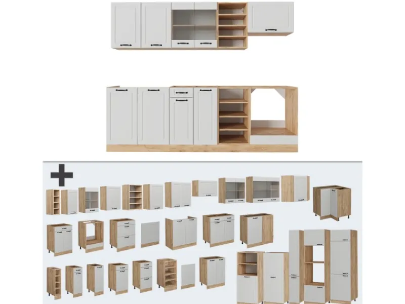 Vicco R-Line Küchenzeile Weiß Landhaus/Goldkraft Eiche 240 cm AP Anthrazit ohne E-Geräte< Einbauküchen