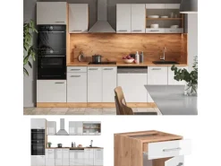Vicco R-Line Küchenzeile Weiß Hochglanz/Goldkraft Eiche 300 cm mit HochschrankAP Anthrazit ohne E-Geräte< Einbauküchen