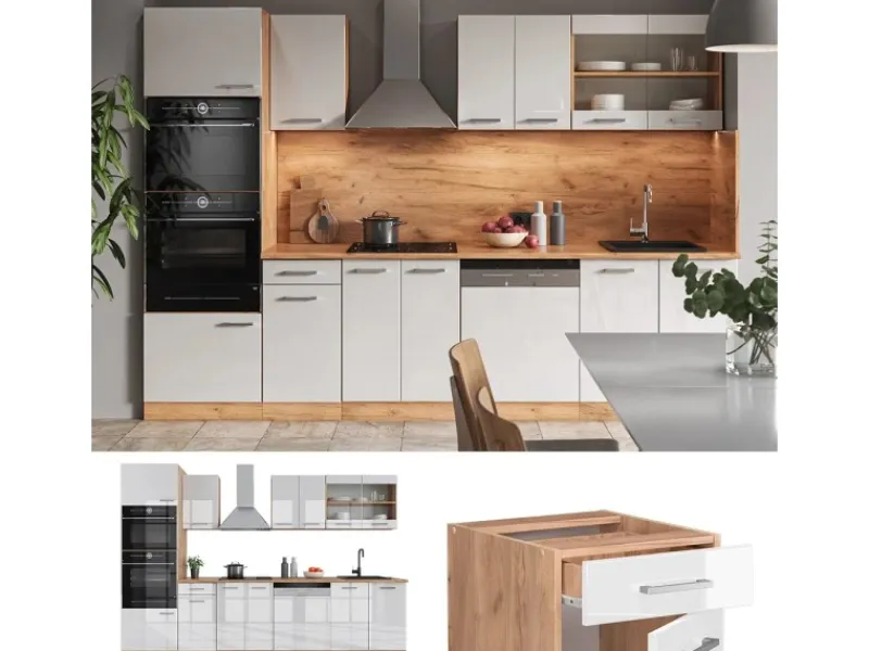 Vicco R-Line Küchenzeile Weiß Hochglanz/Goldkraft Eiche 300 cm mit HochschrankAP Anthrazit ohne E-Geräte< Einbauküchen