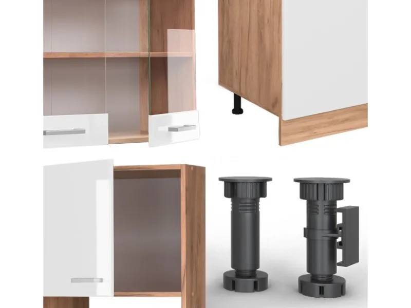 Vicco R-Line Küchenzeile Weiß Hochglanz/Goldkraft Eiche 300 cm mit HochschrankAP Anthrazit ohne E-Geräte< Einbauküchen