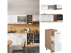 Online Vicco R-Line Küchenzeile Weiß Hochglanz/Goldkraft Eiche 240 cm AP Eiche ohne E-Geräte Hochglanz Weiß