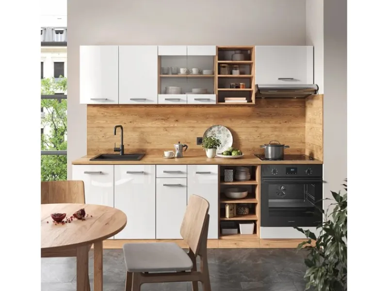 Online Vicco R-Line Küchenzeile Weiß Hochglanz/Goldkraft Eiche 240 cm AP Eiche ohne E-Geräte Hochglanz Weiß