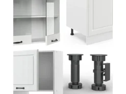 Einbauküchen<Vicco R-Line Küchenzeile Weiß Landhaus/Weiß 300 cm mit HochschrankAP Marmor ohne E-Geräte