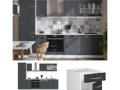 Vicco R-Line KomplettKüche Schwarz Beton/Weiß 300 cm AP Eiche ohne E-Geräte< Kochfelder|Einbauküchen