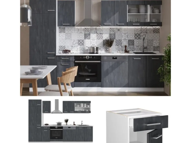 Vicco R-Line KomplettKüche Schwarz Beton/Weiß 300 cm AP Eiche ohne E-Geräte< Kochfelder|Einbauküchen