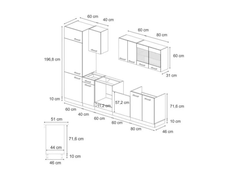 Vicco R-Line KomplettKüche Schwarz Beton/Weiß 300 cm AP Eiche ohne E-Geräte< Kochfelder|Einbauküchen