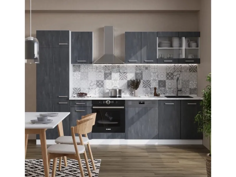 Vicco R-Line KomplettKüche Schwarz Beton/Weiß 300 cm AP Eiche ohne E-Geräte< Kochfelder|Einbauküchen
