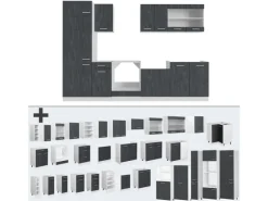Vicco R-Line KomplettKüche Schwarz Beton/Weiß 300 cm AP Eiche ohne E-Geräte< Kochfelder|Einbauküchen
