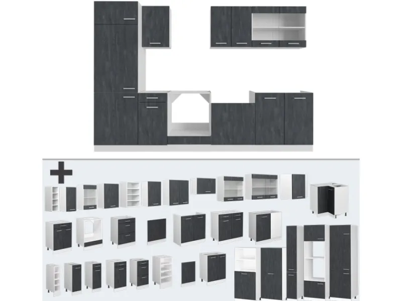 Vicco R-Line KomplettKüche Schwarz Beton/Weiß 300 cm AP Eiche ohne E-Geräte< Kochfelder|Einbauküchen