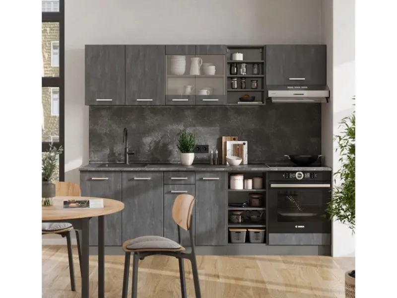 Best Vicco R-Line Komplettküche Schwarz Beton/Anthrazit 240 cm AP Eiche ohne E-Geräte Beton Anthrazit