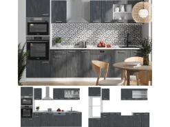 Einbauküchen<Vicco R-Line KomplettKüche Schwarz Beton/Weiß 300 cm AP Eiche Opt 2 ohne E-Geräte