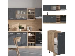Vicco R-Line Komplettküche Schwarz Beton/Goldkraft Eiche 240 cm AP Anthrazit ohne E-Geräte< Einbauküchen