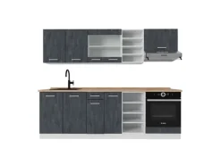 Vicco R-Line Komplettküche Schwarz Beton/Weiß 240 cm AP Eiche ohne E-Geräte< Einbauküchen