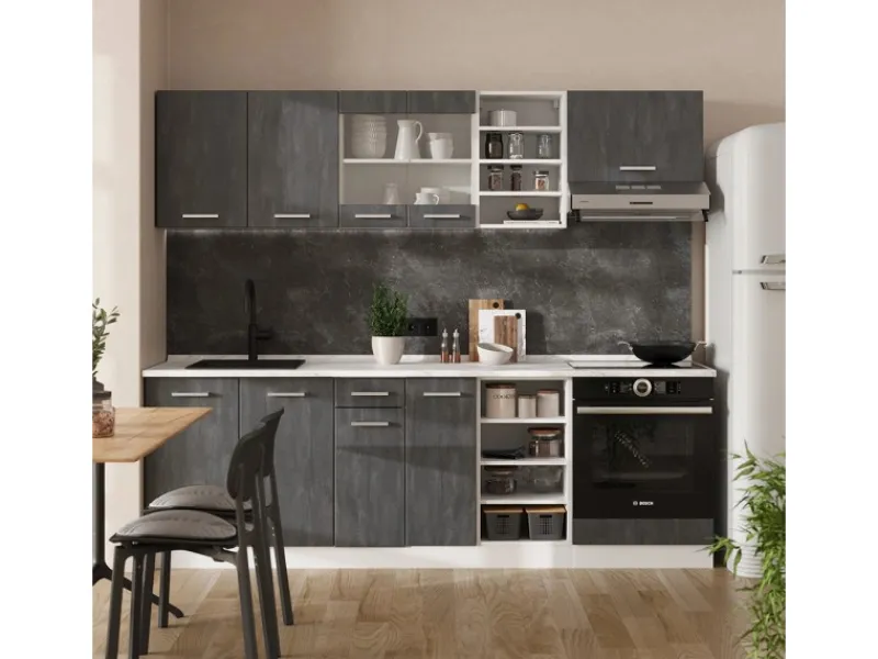 Vicco R-Line Komplettküche Schwarz Beton/Weiß 240 cm AP Eiche ohne E-Geräte< Einbauküchen