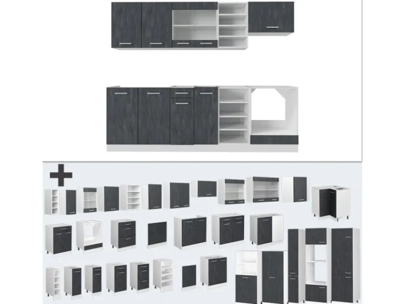 Vicco R-Line Komplettküche Schwarz Beton/Weiß 240 cm AP Eiche ohne E-Geräte< Einbauküchen