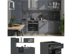 Vicco R-Line KomplettKüche Schwarz Beton/Anthrazit 300 cm AP Marmor ohne E-Geräte Beton Anthrazit
