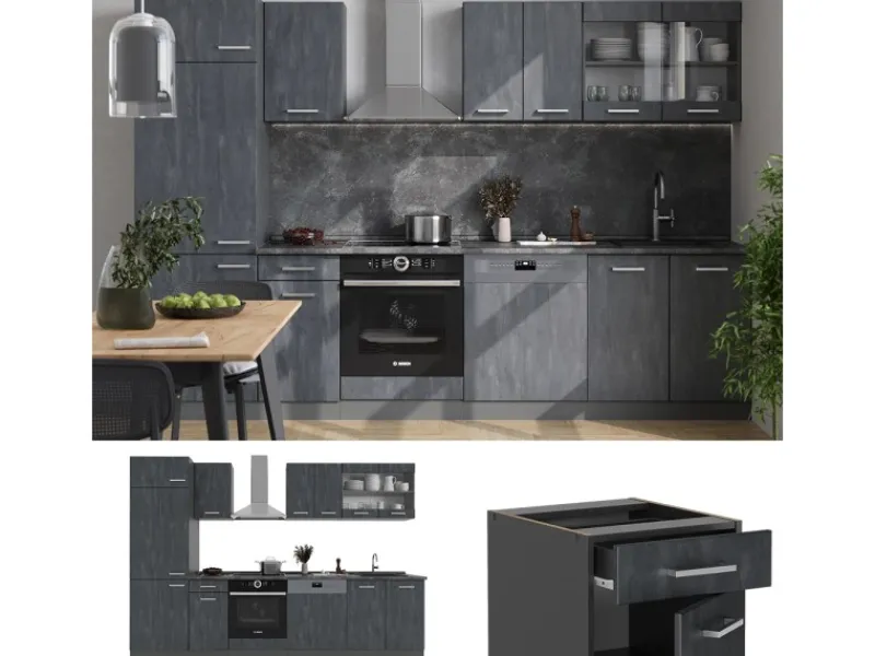 Vicco R-Line KomplettKüche Schwarz Beton/Anthrazit 300 cm AP Marmor ohne E-Geräte Beton Anthrazit
