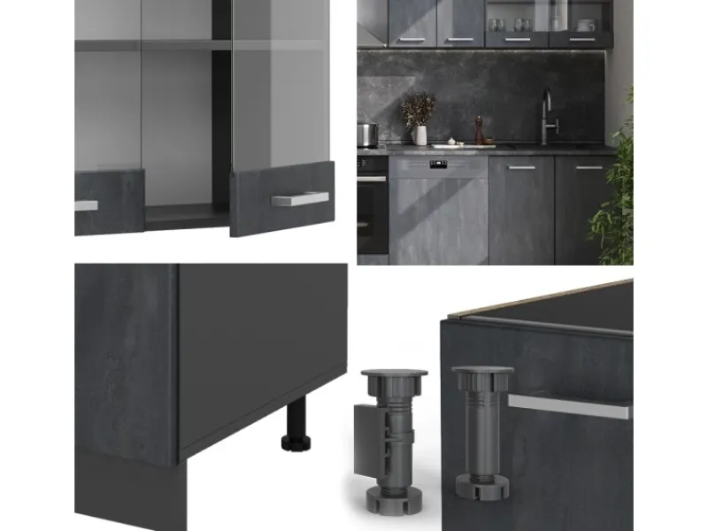 Vicco R-Line KomplettKüche Schwarz Beton/Anthrazit 300 cm AP Marmor ohne E-Geräte Beton Anthrazit
