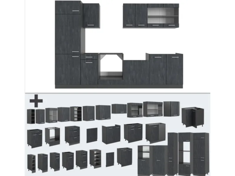 Vicco R-Line KomplettKüche Schwarz Beton/Anthrazit 300 cm AP Marmor ohne E-Geräte Beton Anthrazit