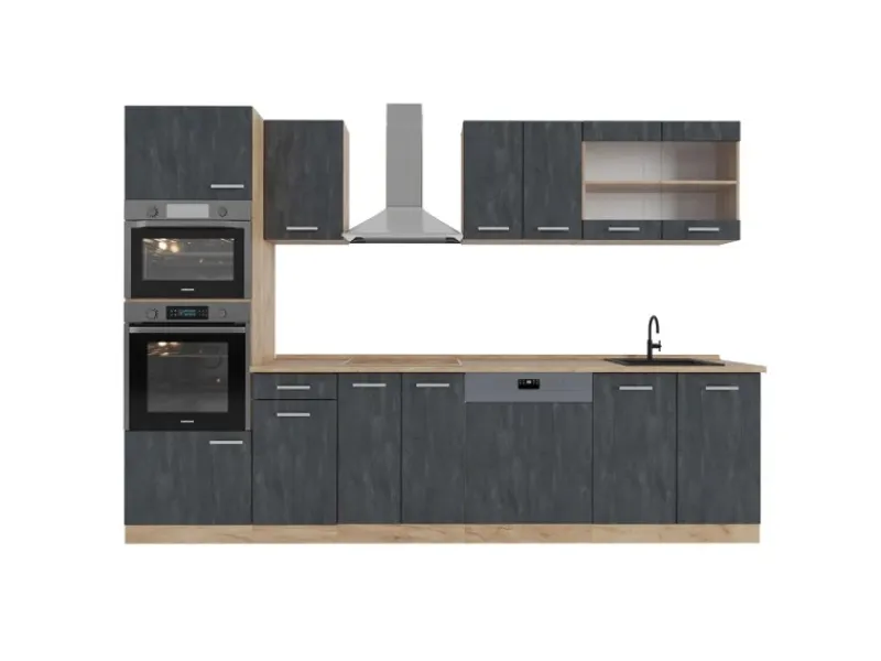Einbauküchen<Vicco R-Line Komplettküche Schwarz Beton/Goldkraft Eiche 300 cm AP Eiche ohne E-Geräte