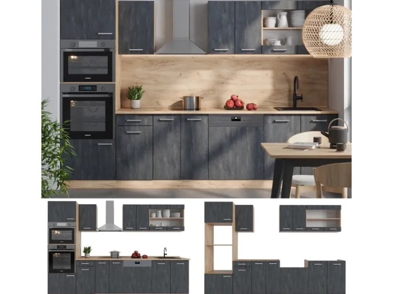 Einbauküchen<Vicco R-Line Komplettküche Schwarz Beton/Goldkraft Eiche 300 cm AP Eiche ohne E-Geräte