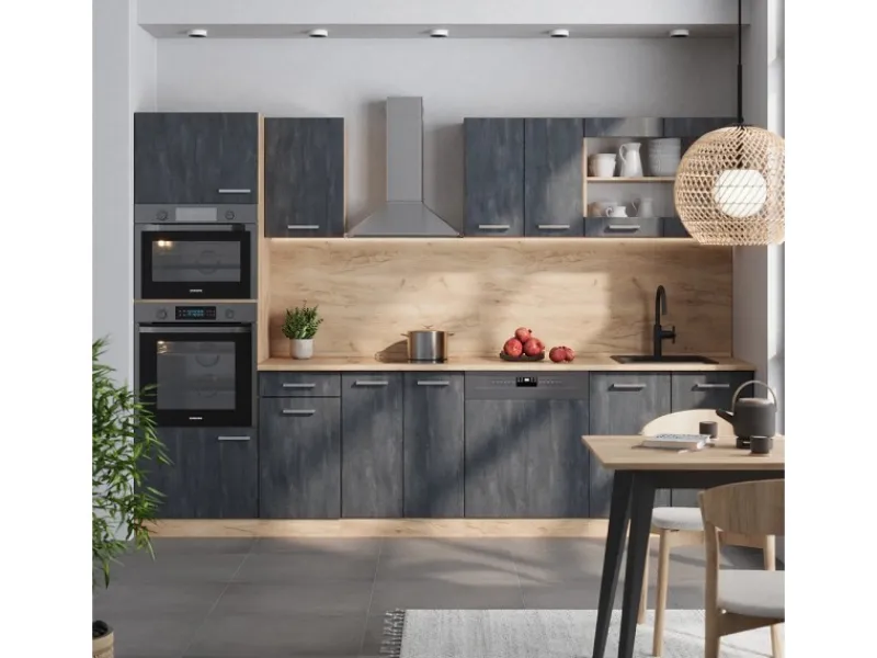 Einbauküchen<Vicco R-Line Komplettküche Schwarz Beton/Goldkraft Eiche 300 cm AP Eiche ohne E-Geräte
