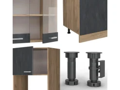 Einbauküchen<Vicco R-Line Komplettküche Schwarz Beton/Goldkraft Eiche 300 cm AP Eiche ohne E-Geräte
