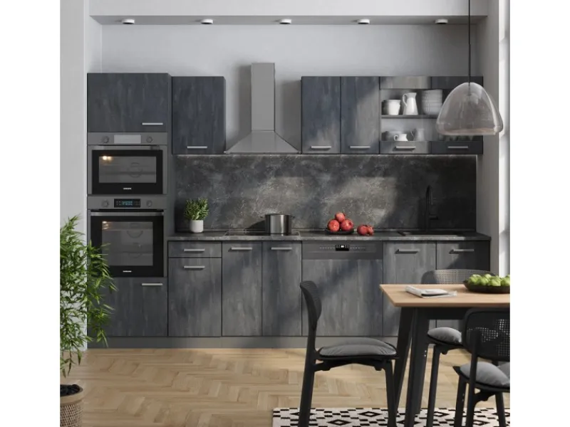 Einbauküchen<Vicco R-Line KomplettKüche Schwarz Beton/Anthrazit 300 cm AP Marmor Opt 2 ohne E-Geräte