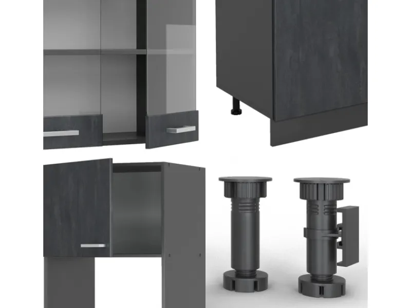 Einbauküchen<Vicco R-Line KomplettKüche Schwarz Beton/Anthrazit 300 cm AP Marmor Opt 2 ohne E-Geräte