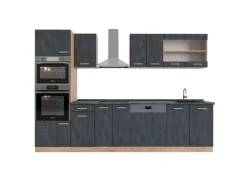 New Vicco R-Line Komplettküche Schwarz Beton/Goldkraft Eiche 300 cm AP Anthrazit ohne E-Geräte Beton Dunkelgrau