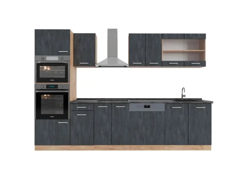 New Vicco R-Line Komplettküche Schwarz Beton/Goldkraft Eiche 300 cm AP Anthrazit ohne E-Geräte Beton Dunkelgrau