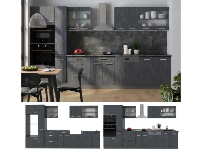 Vicco R-Line Komplettküche Schwarz Beton/Anthrazit 350 cm AP Marmor ohne E-Geräte< Einbauküchen