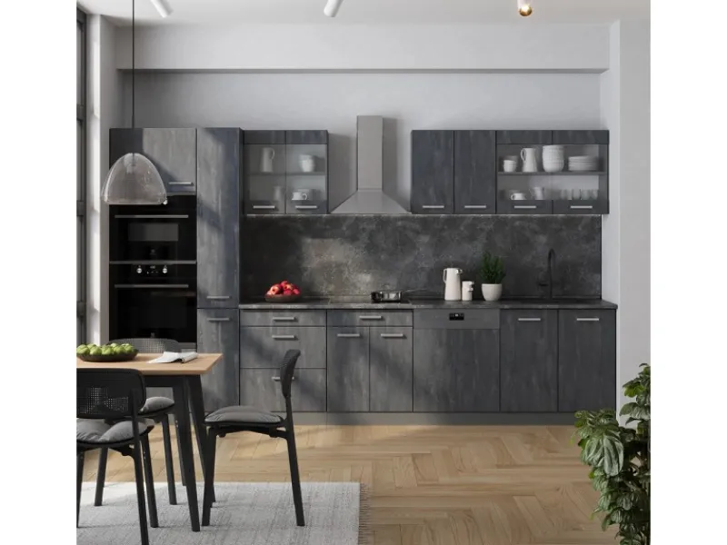 Vicco R-Line Komplettküche Schwarz Beton/Anthrazit 350 cm AP Marmor ohne E-Geräte< Einbauküchen