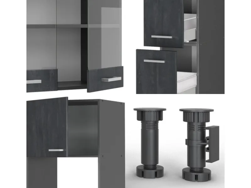 Vicco R-Line Komplettküche Schwarz Beton/Anthrazit 350 cm AP Marmor ohne E-Geräte< Einbauküchen