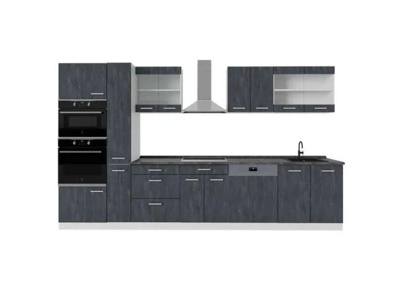 Outlet Vicco R-Line Komplettküche Schwarz Beton/Weiß 350 cm AP Anthrazit ohne E-Geräte Beton Dunkelgrau