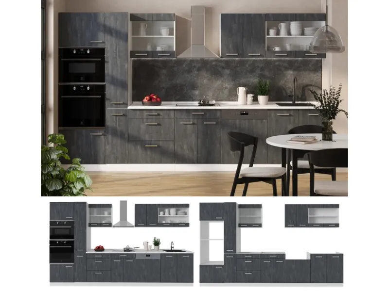 Outlet Vicco R-Line Komplettküche Schwarz Beton/Weiß 350 cm AP Anthrazit ohne E-Geräte Beton Dunkelgrau