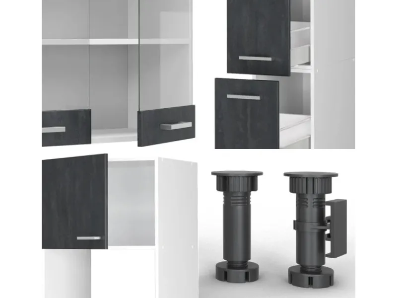 Outlet Vicco R-Line Komplettküche Schwarz Beton/Weiß 350 cm AP Anthrazit ohne E-Geräte Beton Dunkelgrau