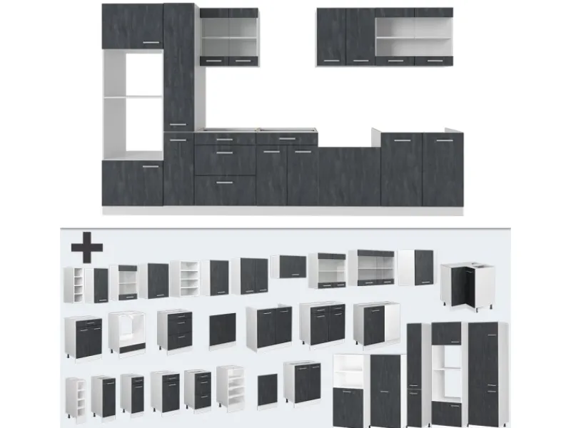 Outlet Vicco R-Line Komplettküche Schwarz Beton/Weiß 350 cm AP Anthrazit ohne E-Geräte Beton Dunkelgrau