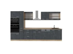 Einbauküchen<Vicco R-Line Komplettküche Schwarz Beton/Goldkraft Eiche 350 cm AP Eiche ohne E-Geräte