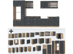 Einbauküchen<Vicco R-Line Komplettküche Schwarz Beton/Goldkraft Eiche 350 cm AP Eiche ohne E-Geräte