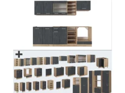 Pantryküchen|Single-Küchen<Vicco R-Line Komplettküche Schwarz Beton/Goldkraft Eiche 240 cm AP Eiche ohne E-Geräte